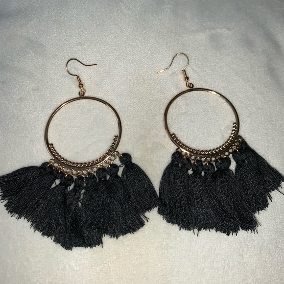 Gold hoop earrings w/ black tassels - Picture 4 of 4